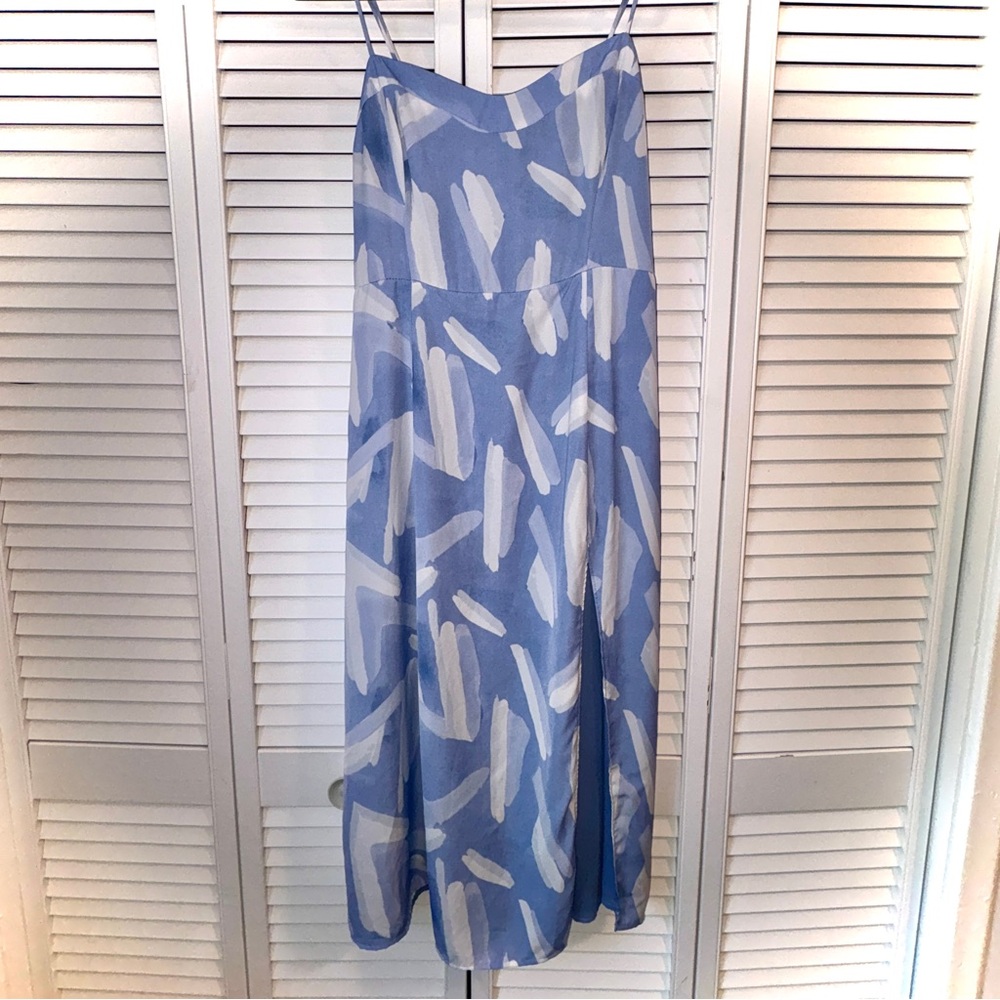 Abercrombie & Fitch Camille High Slit Midi Slip Dress | Blue & White | Size M